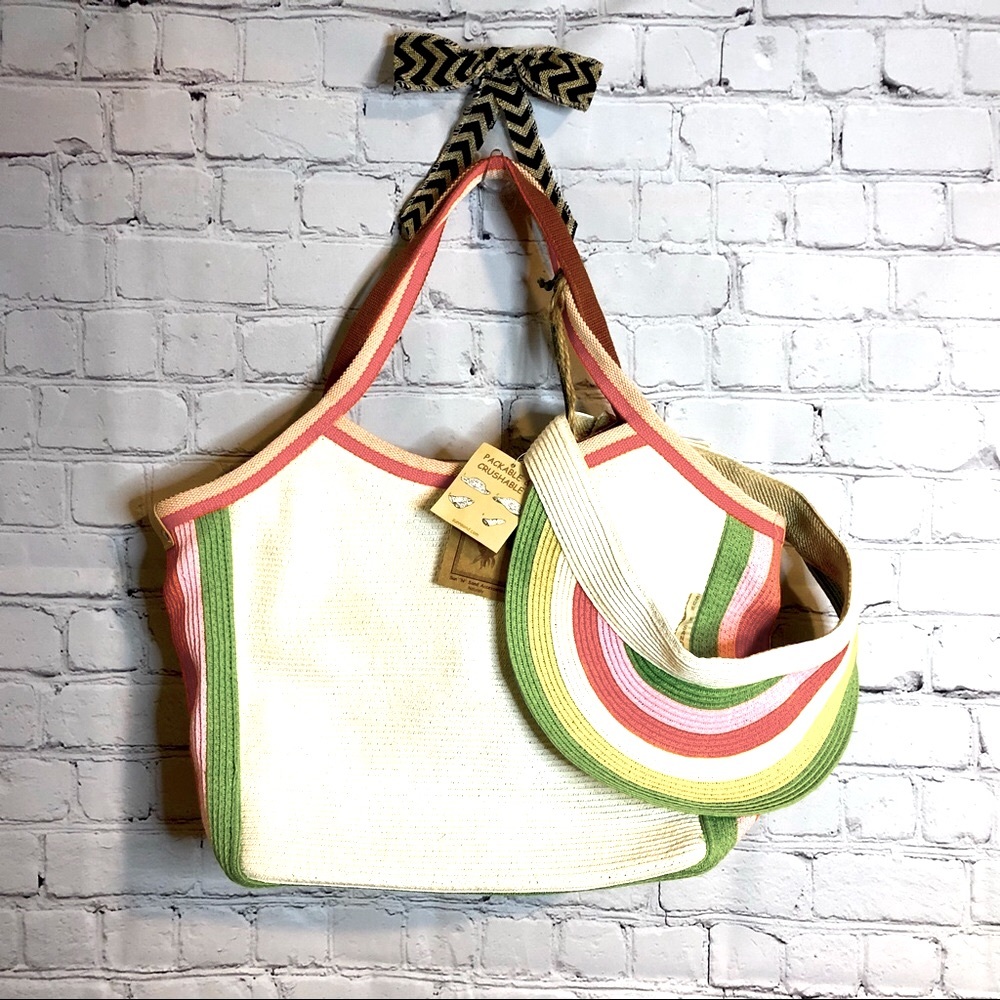 NEW w,tags - SUN N SAND Rattan, Packable/Crushable Travel Tote and Visor
